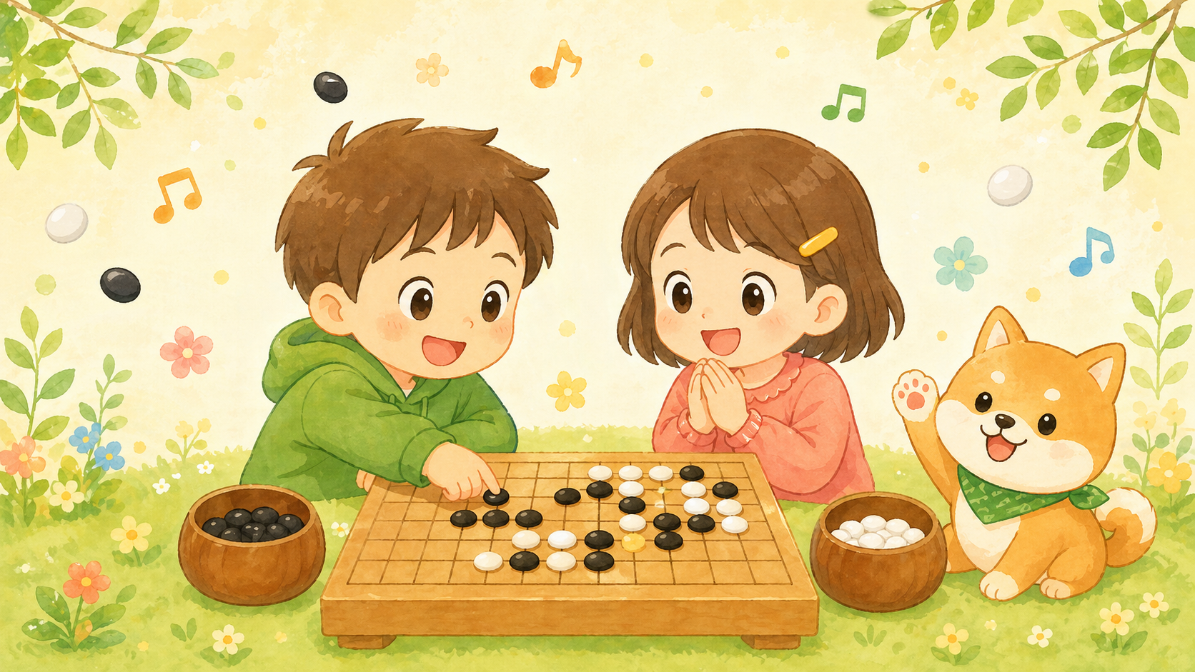 子どもたちが碁盤を囲んで囲碁を楽しんでいるイラスト